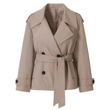 Beige trench coat with black buttons on a white background